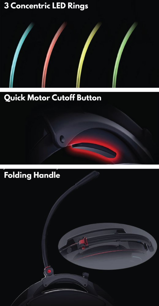Inmotion V10 V10F Key Features, Part 2: 3 Concentric LED Rings, Quick Motor Cutoff Button, Folding Handle